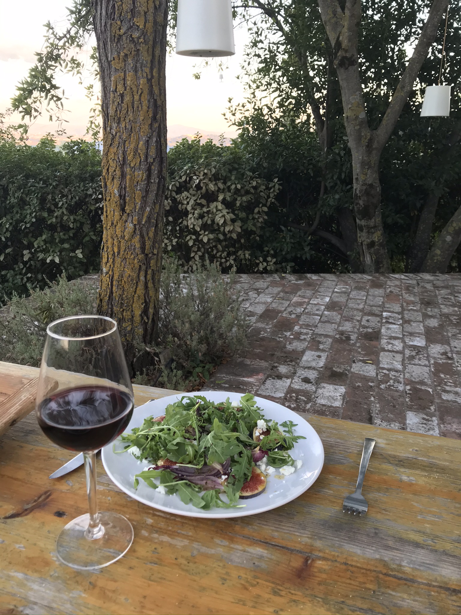 Op een tafel buiten staat een glas rode wijn en een bordje met eten.